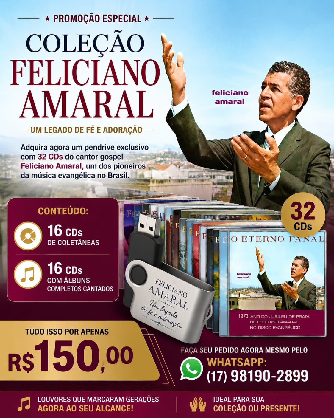 Pendrive com 32 Cds de Feliciano Amaral